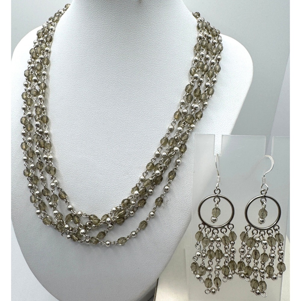 Vintage Napier Silver Tone Smoky Grey Glass Bead Multi Strand Necklace Earring